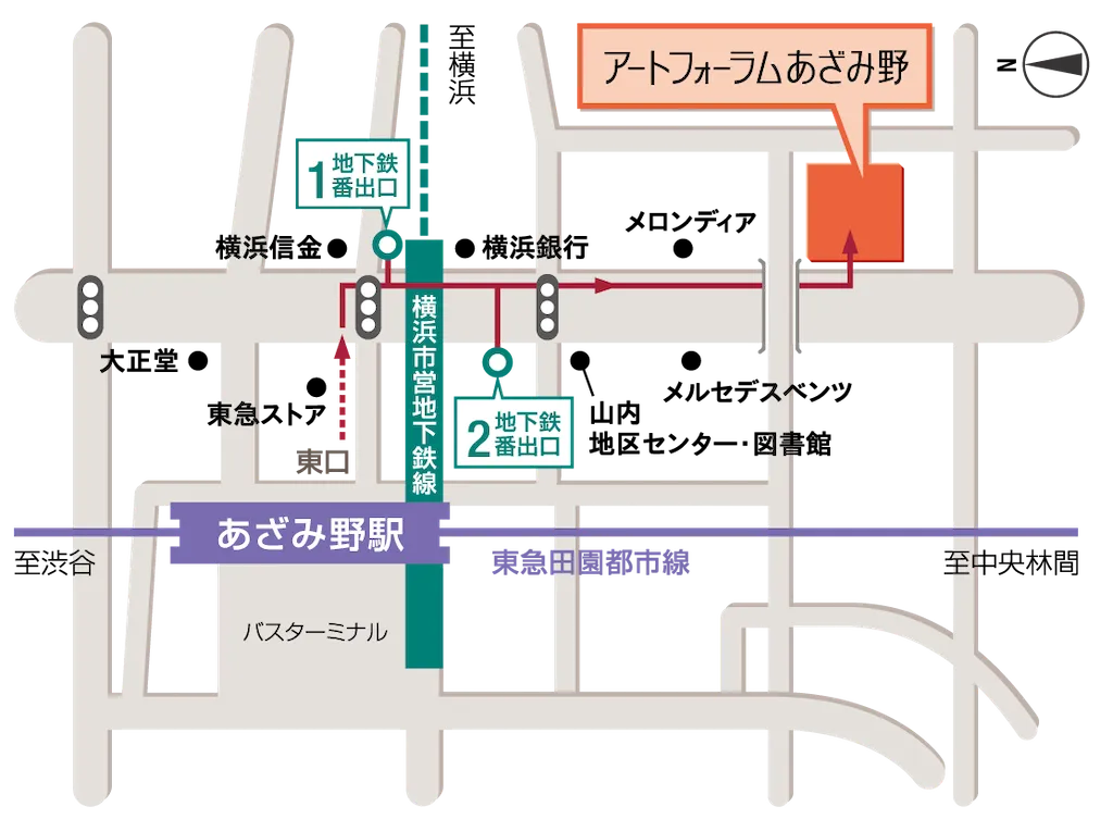 あざみ野駅からアートフォーラムあざみ野への地図